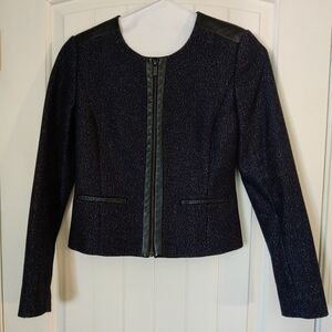 Classiques Entier Textured Navy Blazer with Leather Trim - XS